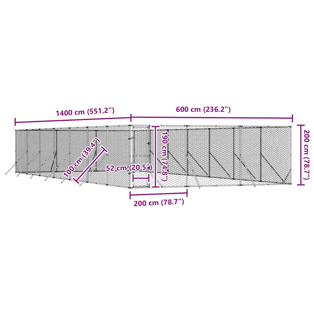Ezüstszínű kültéri horganyzott acél kutyakennel 6 x 14 x 2 m 9
