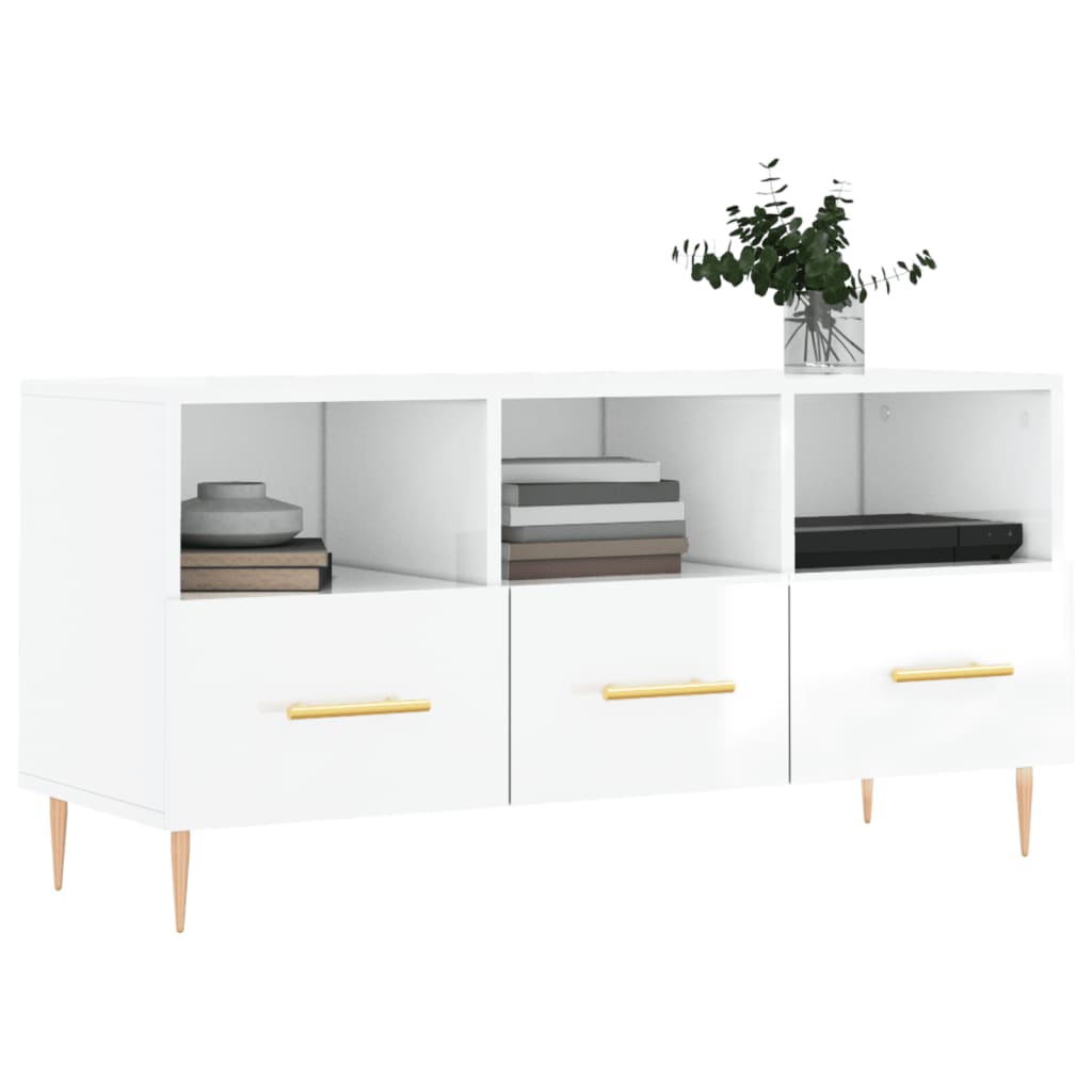 Fehér magasfényű szerelt fa TV-szekrény 102x36x50 cm 3