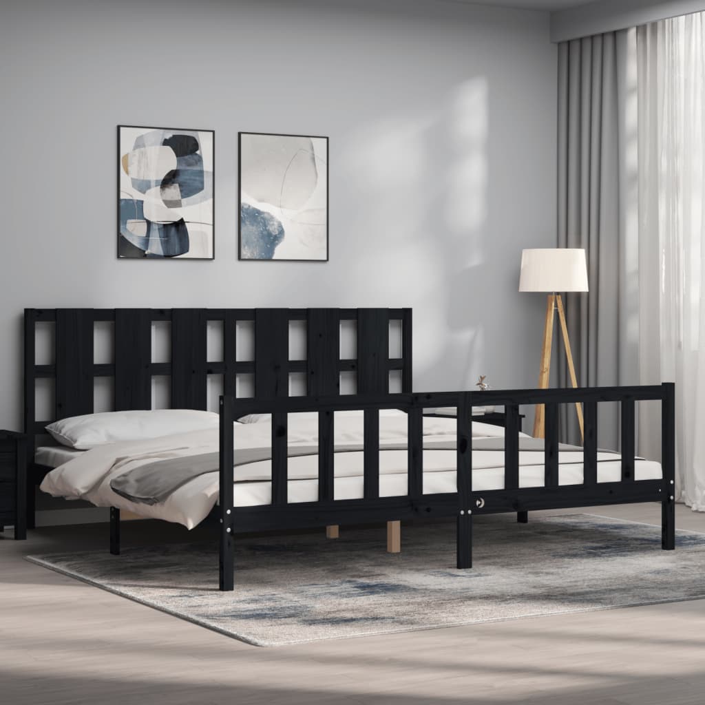 Fekete tömör fa ágykeret fejtámlával 200 x 200 cm 3