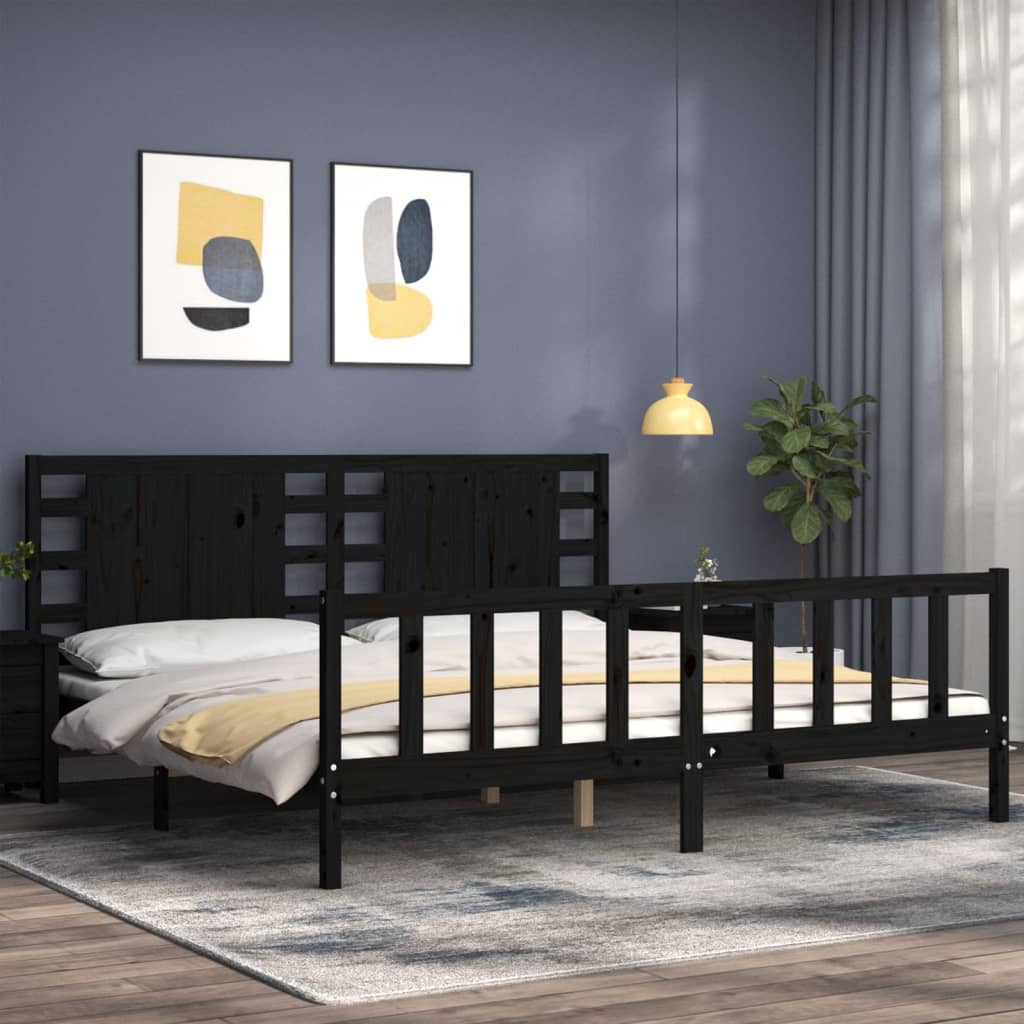 Fekete tömör fa ágykeret fejtámlával 200 x 200 cm 3