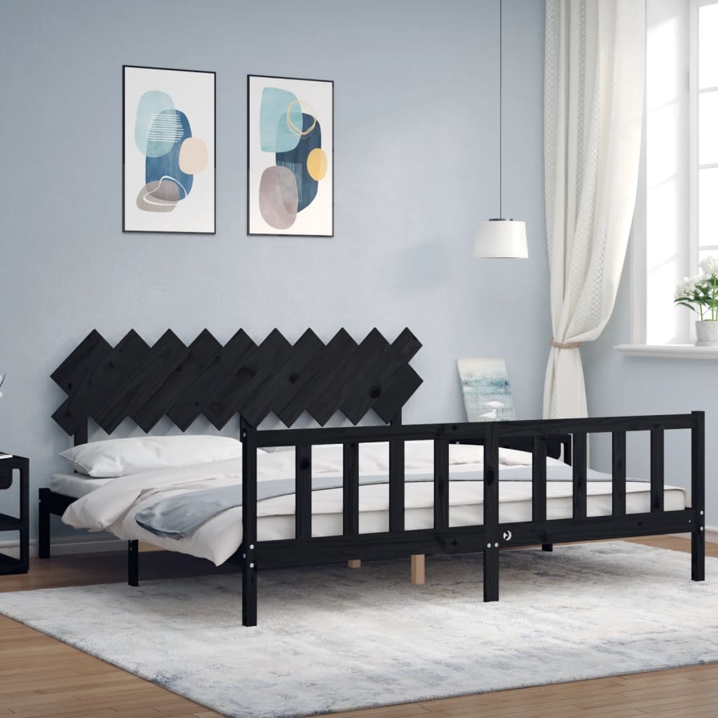 Fekete tömör fa ágykeret fejtámlával 200 x 200 cm