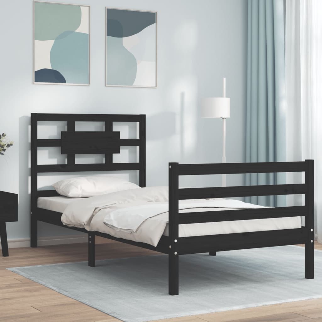 Fekete tömör fa ágykeret fejtámlával 100 x 200 cm