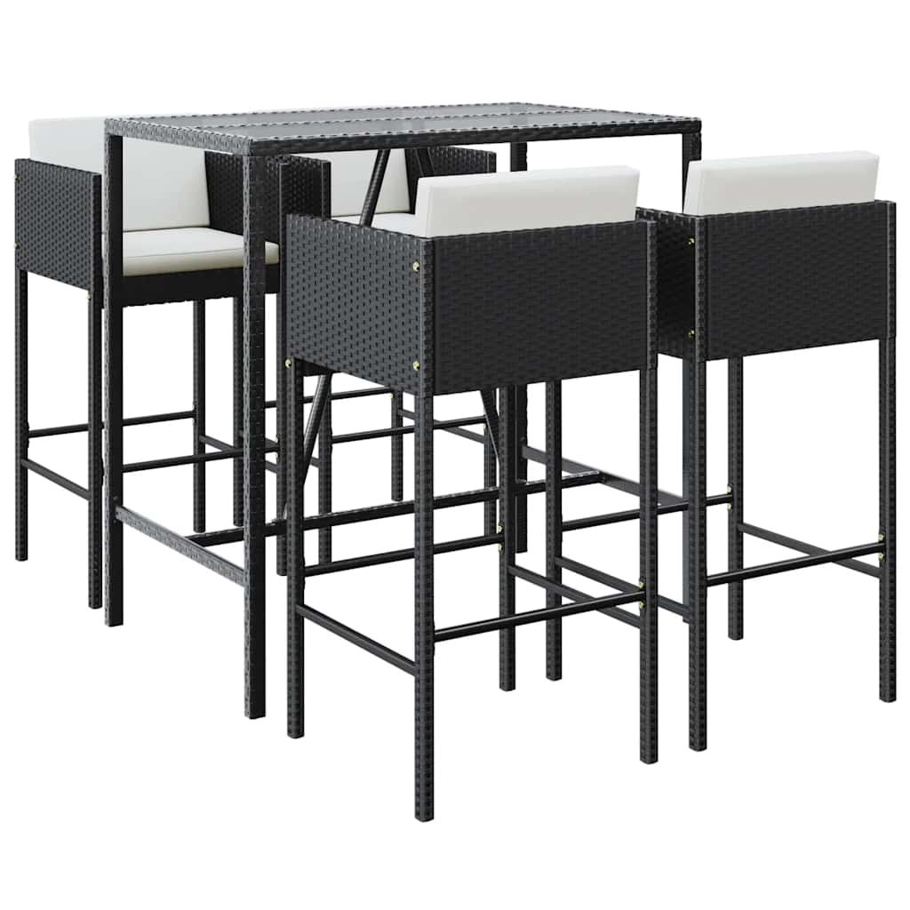 5 részes fekete polyrattan kerti bárszett párnával 2