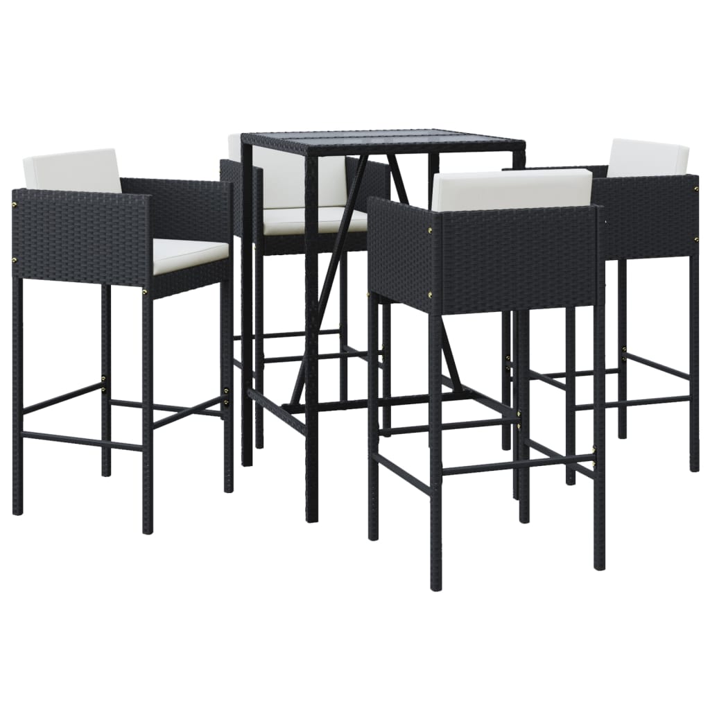 5 részes fekete polyrattan kerti bárszett párnával 2