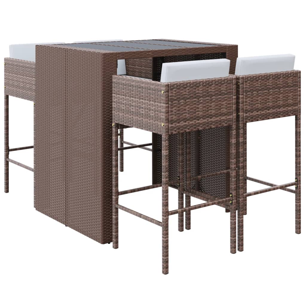 5 részes barna polyrattan kerti bárszett párnákkal 2