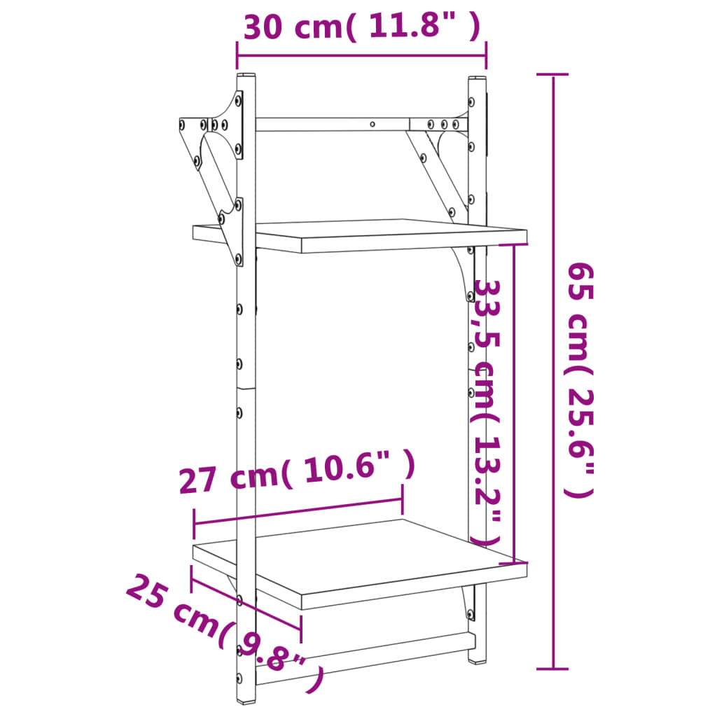 2 db 2 szintes fekete falipolc rúddal 30x25x65 cm 9