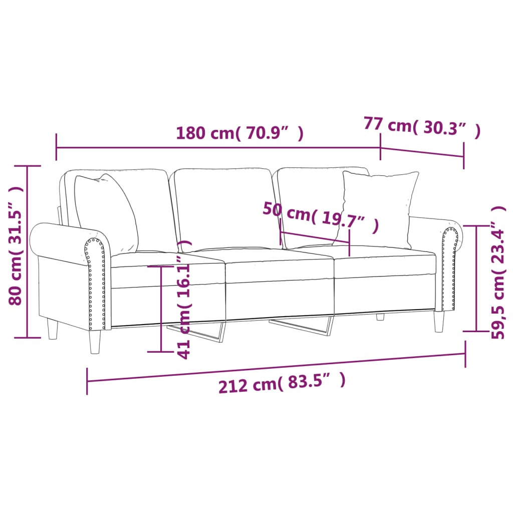 3 személyes fekete bársony kanapé díszpárnákkal 180 cm 8