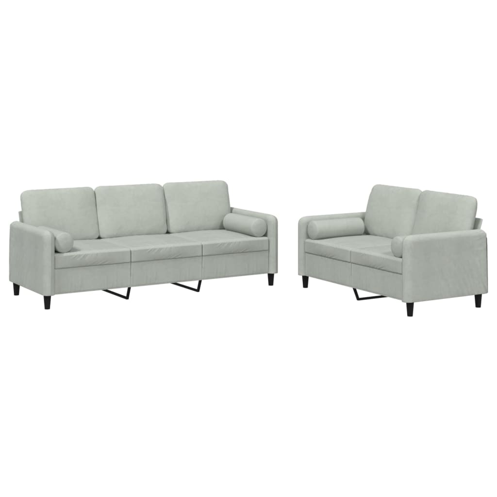 2 részes világosszürke bársony ülőgarnitúra párnákkal 2