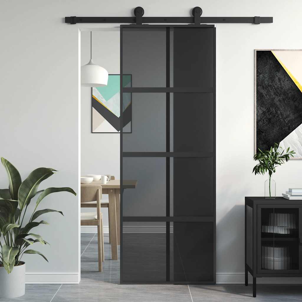 Fekete edzett üveg és alumínium tolóajtó 76 x 205 cm