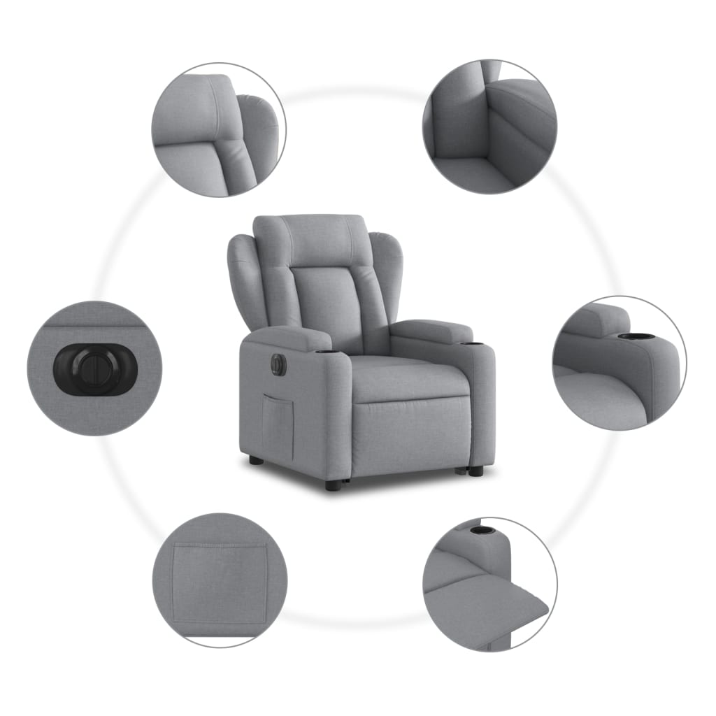 Elektromos felállást segítő világosszürke szövet dönthető fotel 8