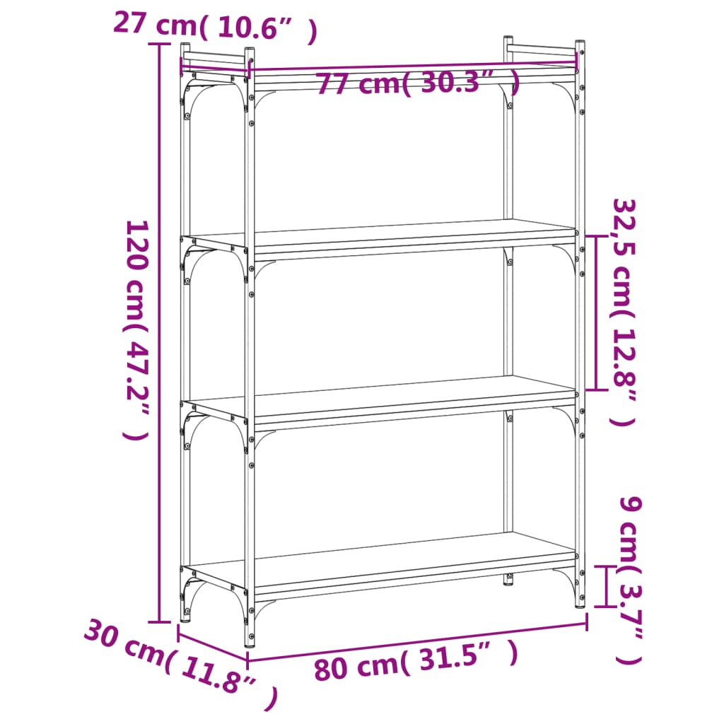 4 szintes barna tölgy színű szerelt fa könyvespolc 80x30x120 cm 9