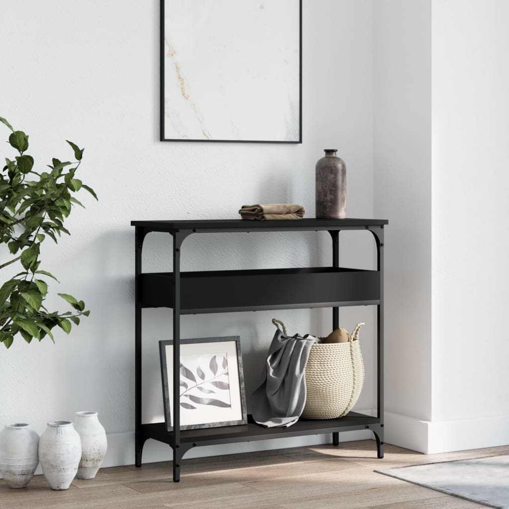 Fekete szerelt fa tálalóasztal polccal 75x29x75 cm 3