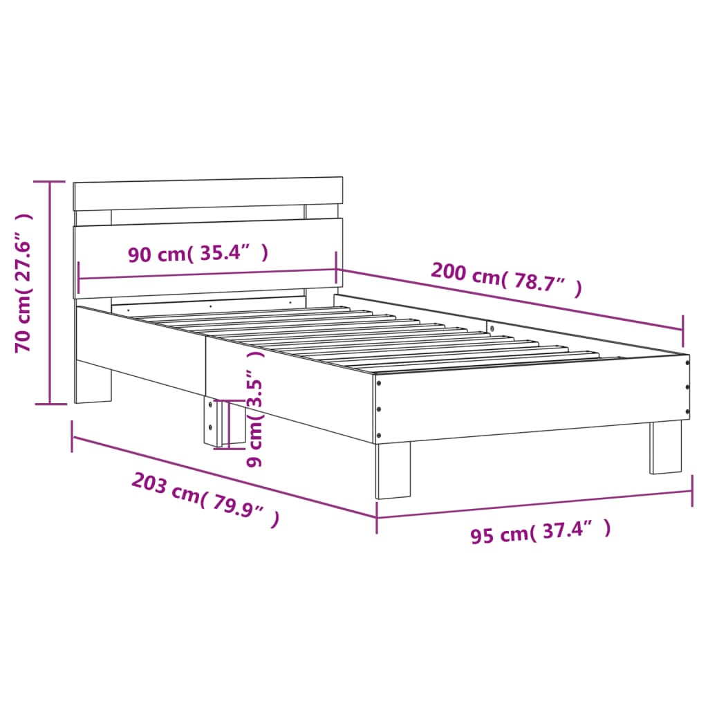 Szürke sonoma színű szerelt fa ágykeret fejtámlával 90 x 200 cm 10
