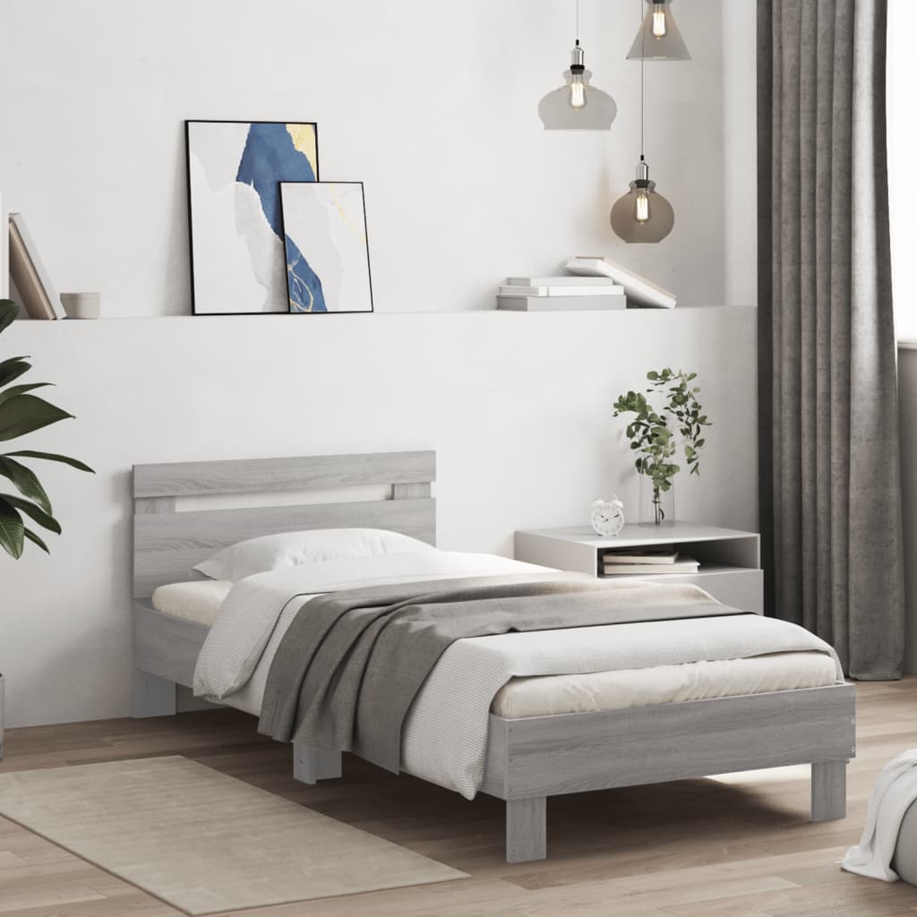 Szürke sonoma színű szerelt fa ágykeret fejtámlával 90 x 200 cm