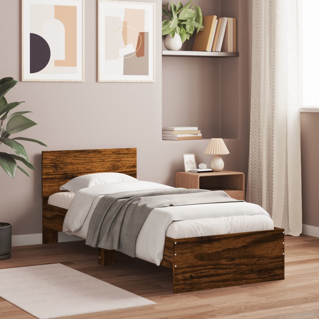 Füstös tölgy színű szövet ágykeret fejtámlával 75x190 cm
