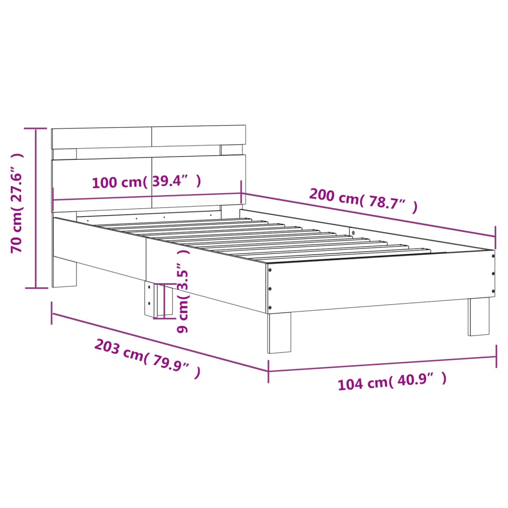 Betonszürke ágykeret fejtámlával és LED-világítással 100x200 cm 15