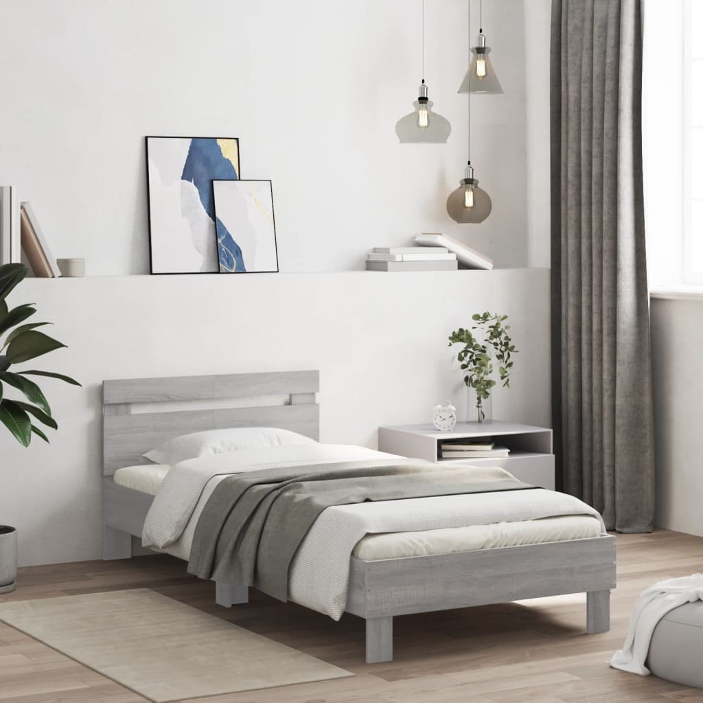 Szürke sonoma ágykeret fejtámlával és LED-ekkel 100 x 200 cm 3