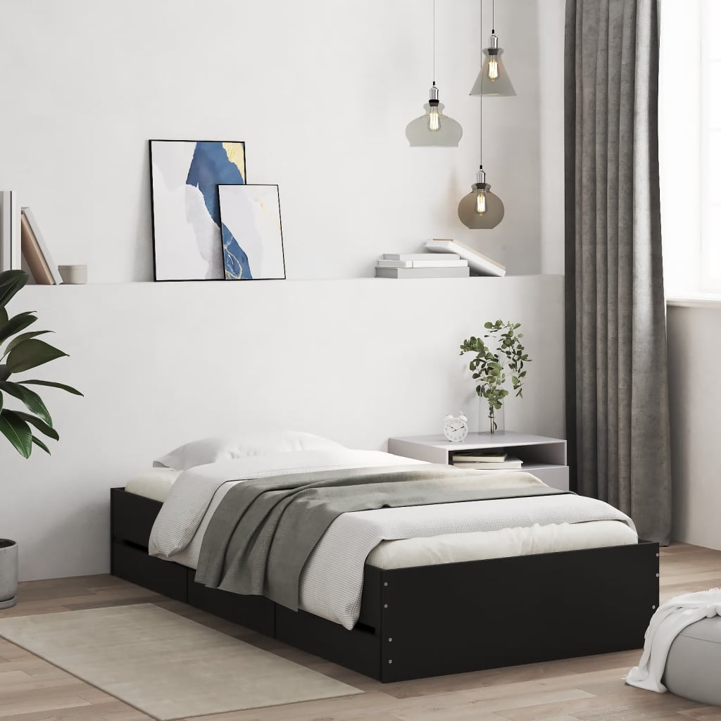 Fekete szerelt fa ágykeret fiókokkal 100 x 200 cm