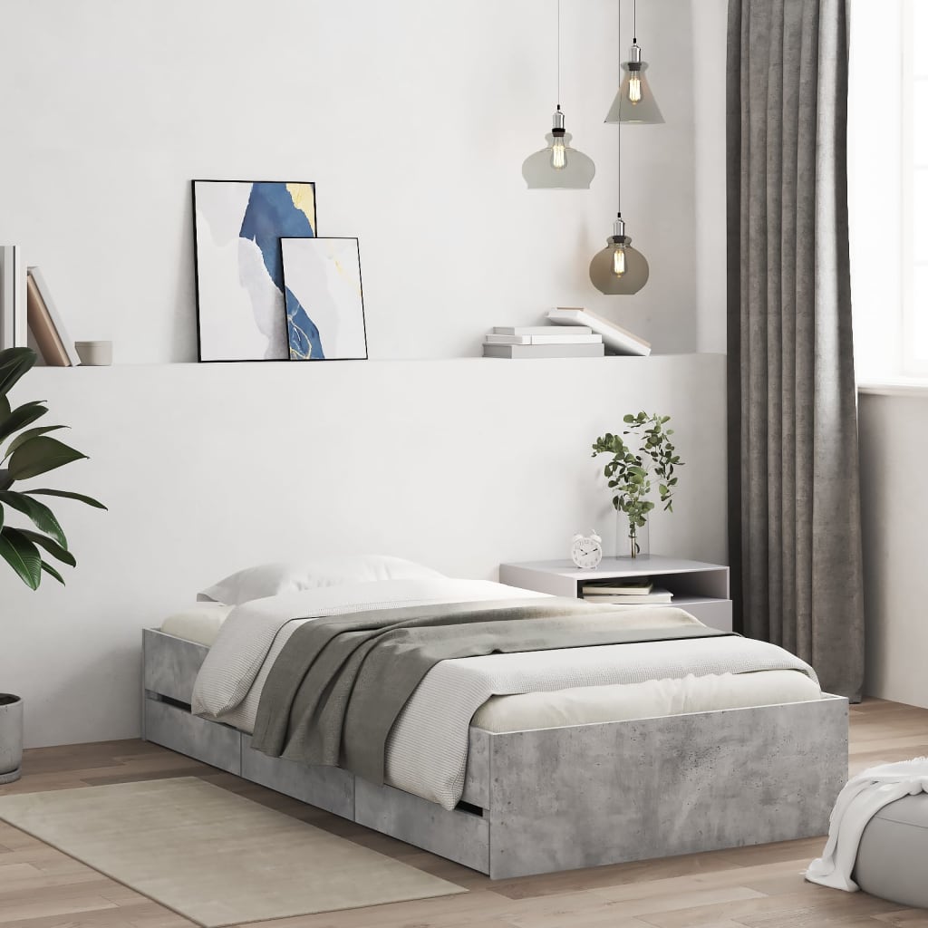Betonszürke szerelt fa ágykeret fiókokkal 90 x 190 cm