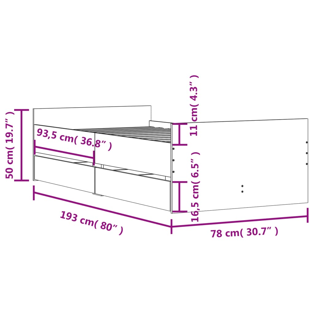 Fekete kicsi egyszemélyes ágykeret fiókokkal 75 x 190 cm 11