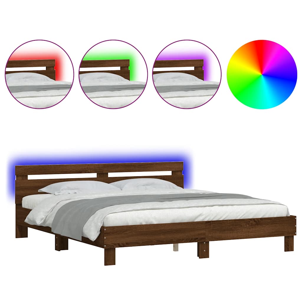 Barna tölgy ágykeret fejtámlával és LED-del 200 x 200 cm 2