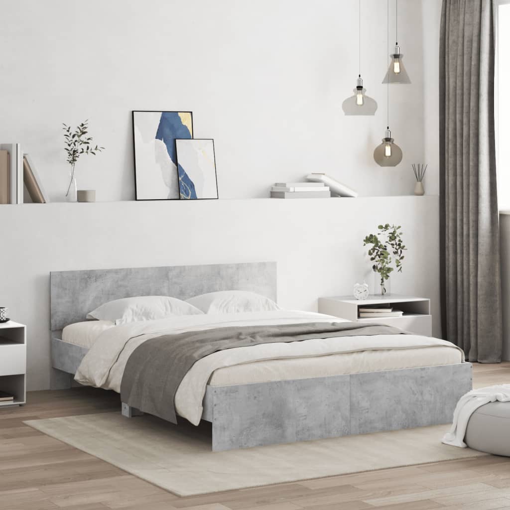 Betonszürke ágykeret fejtámlával és LED-del 160 x 200 cm