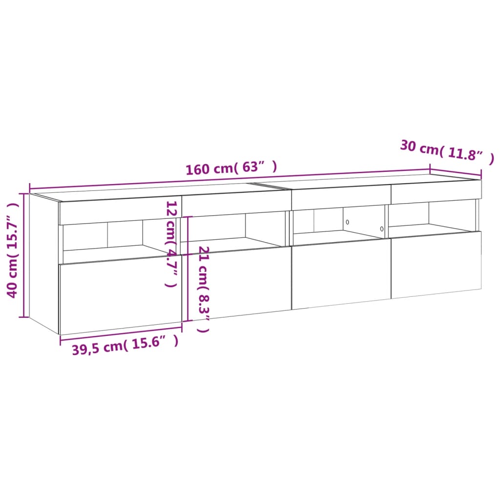 2 db betonszürke fali TV-szekrény LED-del 80x30x40 cm 18
