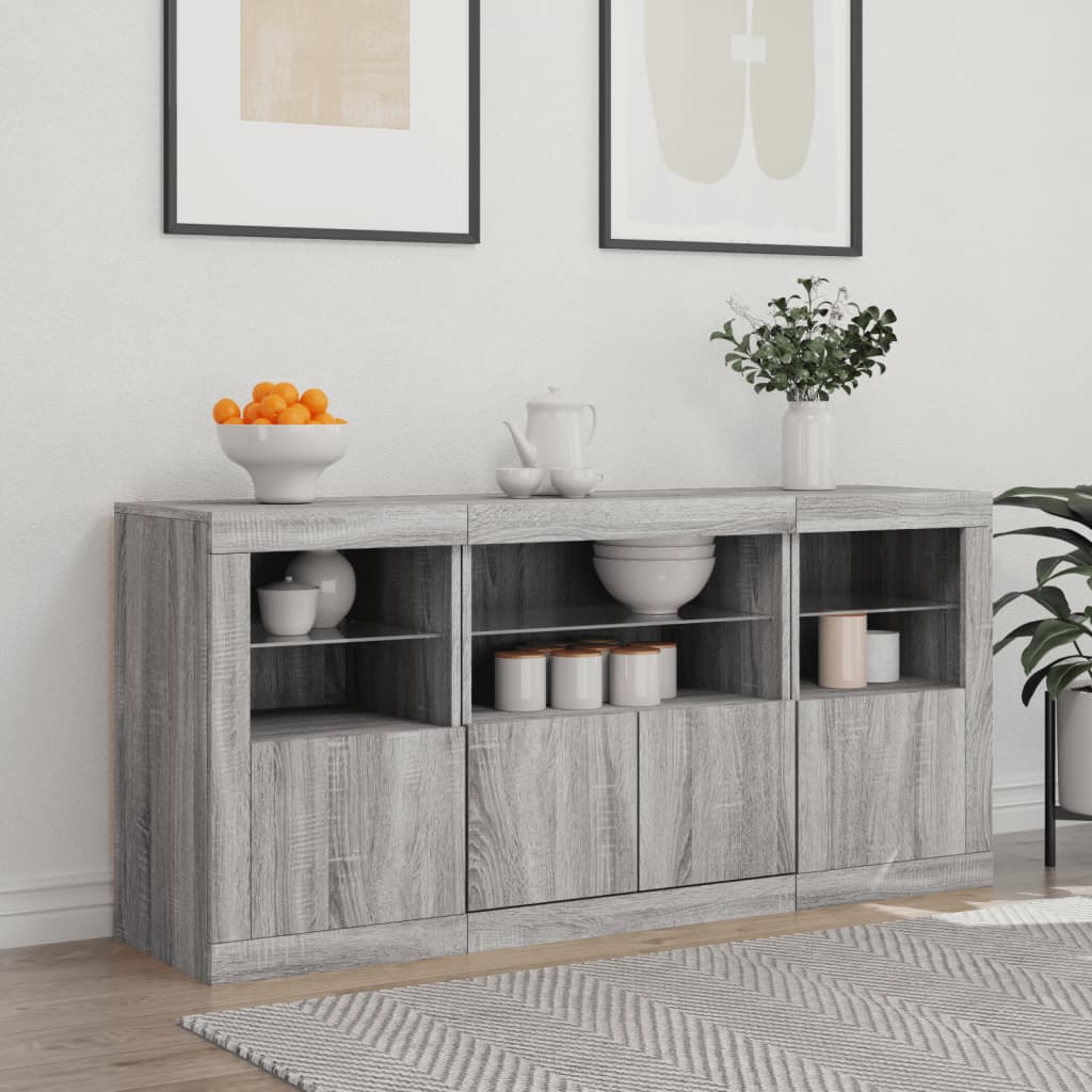 Szürke sonoma tálalószekrény LED-világítással 142,5x37x67 cm 3