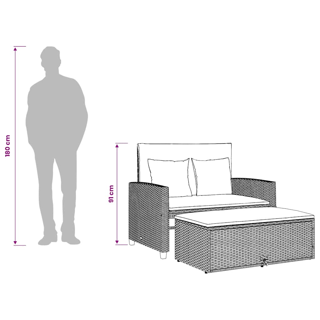 2 személyes fekete polyrattan kerti kanapé párnával 12