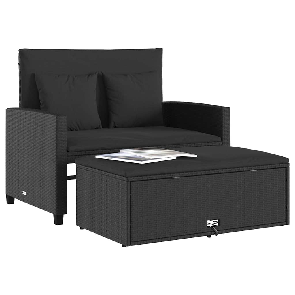 2 személyes fekete polyrattan kerti kanapé párnával 4