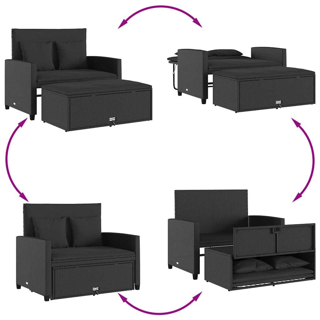 2 személyes fekete polyrattan kerti kanapé párnával 5