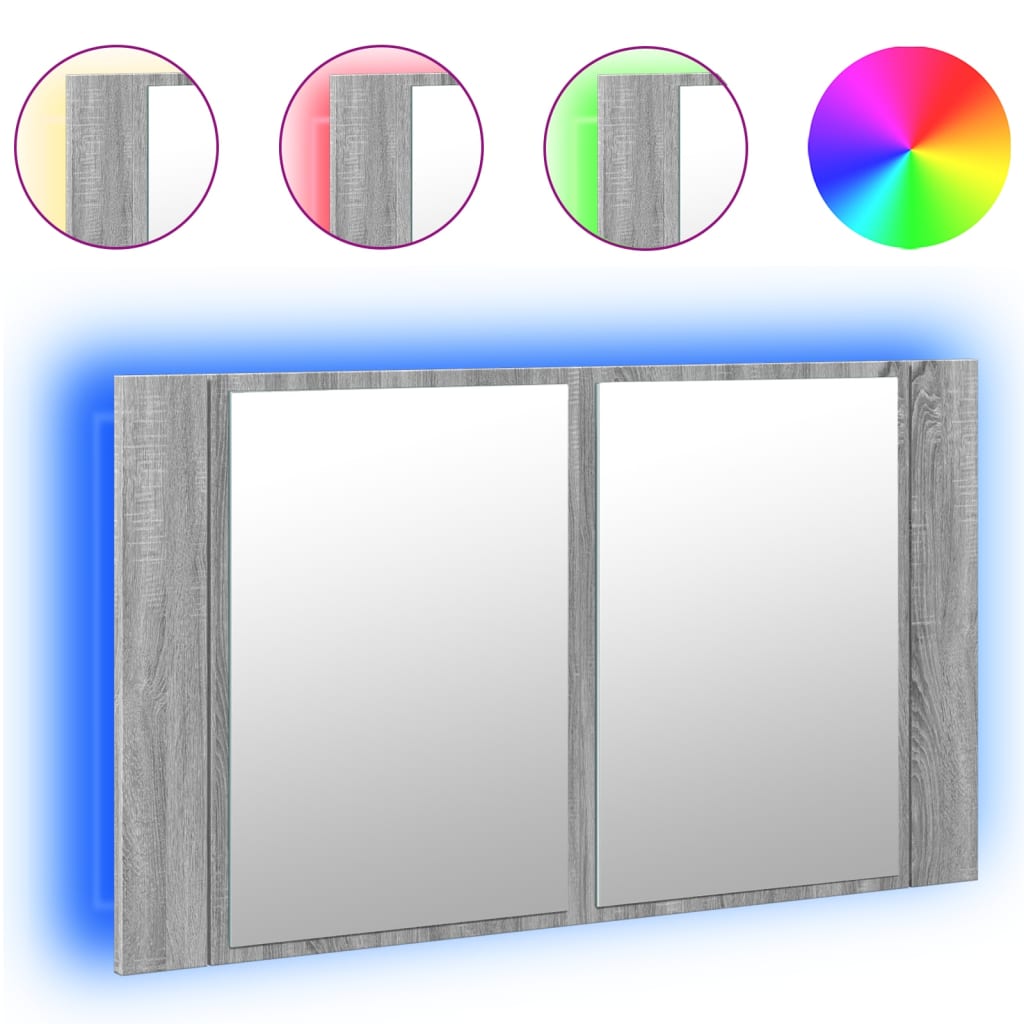 Szürke sonoma akril LED-es tükrös fürdőszobaszekrény 80x12x45cm 2