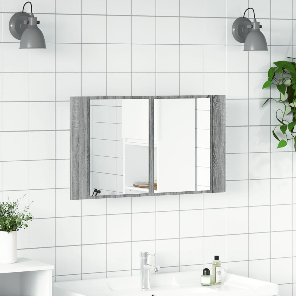 Szürke sonoma akril LED-es tükrös fürdőszobaszekrény 80x12x45cm 3