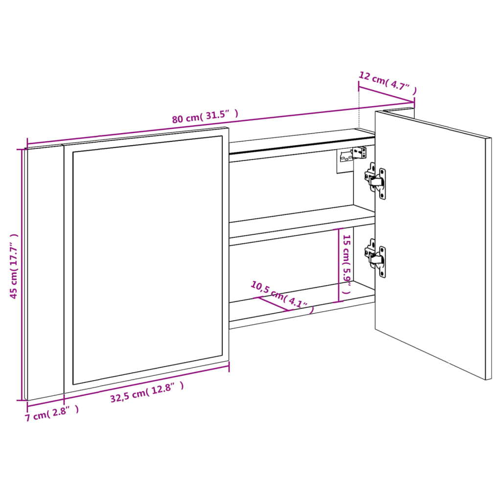 Szürke sonoma akril LED-es tükrös fürdőszobaszekrény 80x12x45cm 16