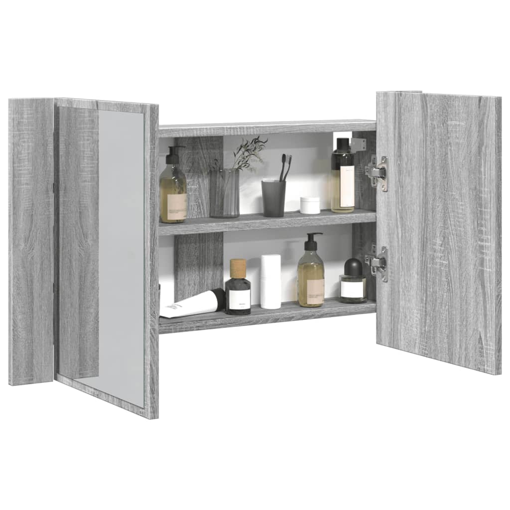 Szürke sonoma akril LED-es tükrös fürdőszobaszekrény 80x12x45cm