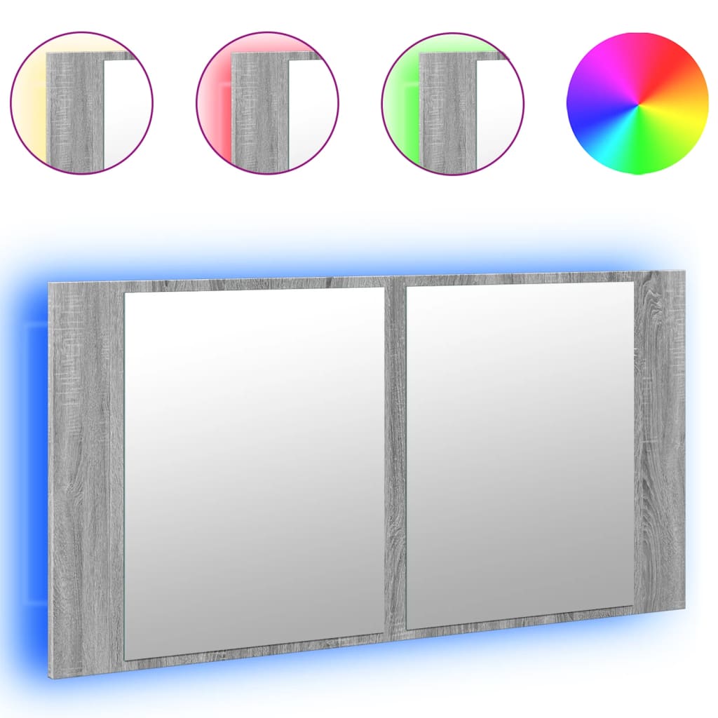 Szürke sonoma akril LED-es tükrös fürdőszobaszekrény 90x12x45cm 2