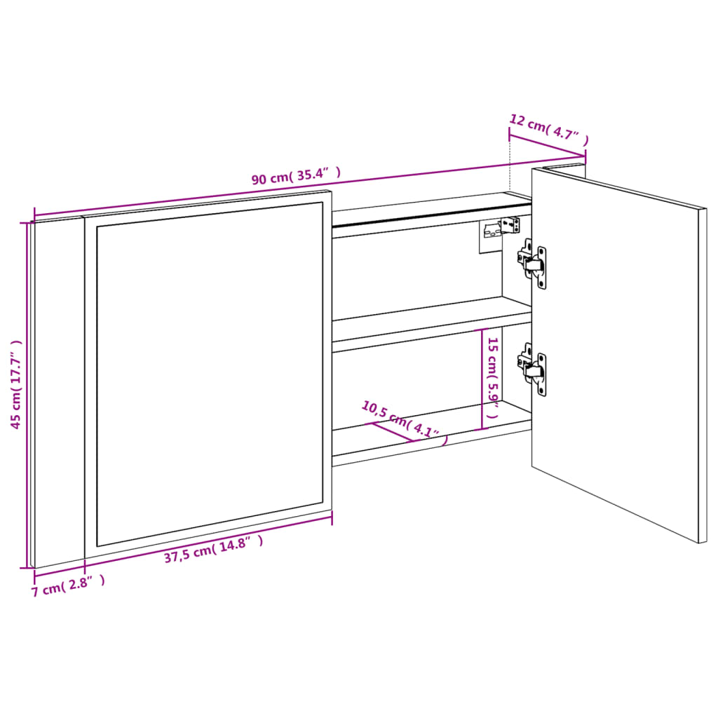 Szürke sonoma akril LED-es tükrös fürdőszobaszekrény 90x12x45cm 16