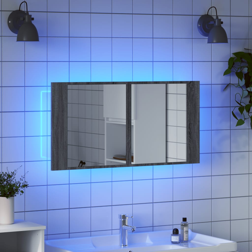 Szürke sonoma akril LED-es tükrös fürdőszobaszekrény 90x12x45cm 4