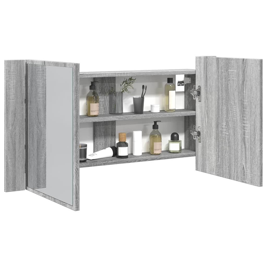 Szürke sonoma akril LED-es tükrös fürdőszobaszekrény 90x12x45cm