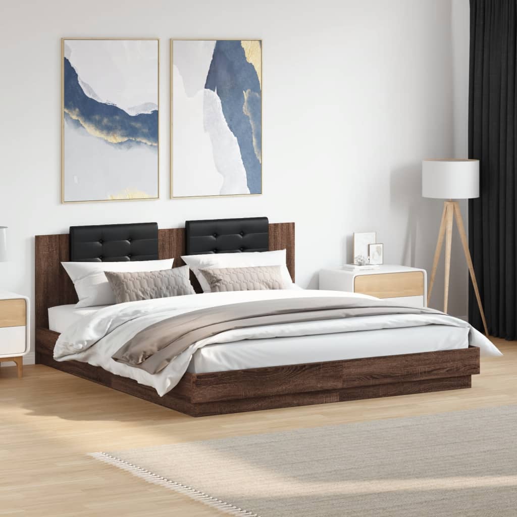 Barna tölgy színű szerelt fa ágykeret fejtámlával 200 x 200 cm