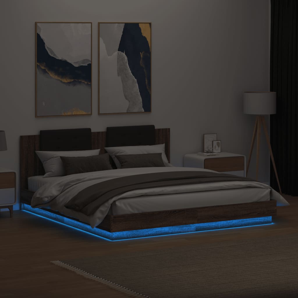 Barna tölgy színű ágykeret fejtámlával és LED-ekkel 200x200 cm 4