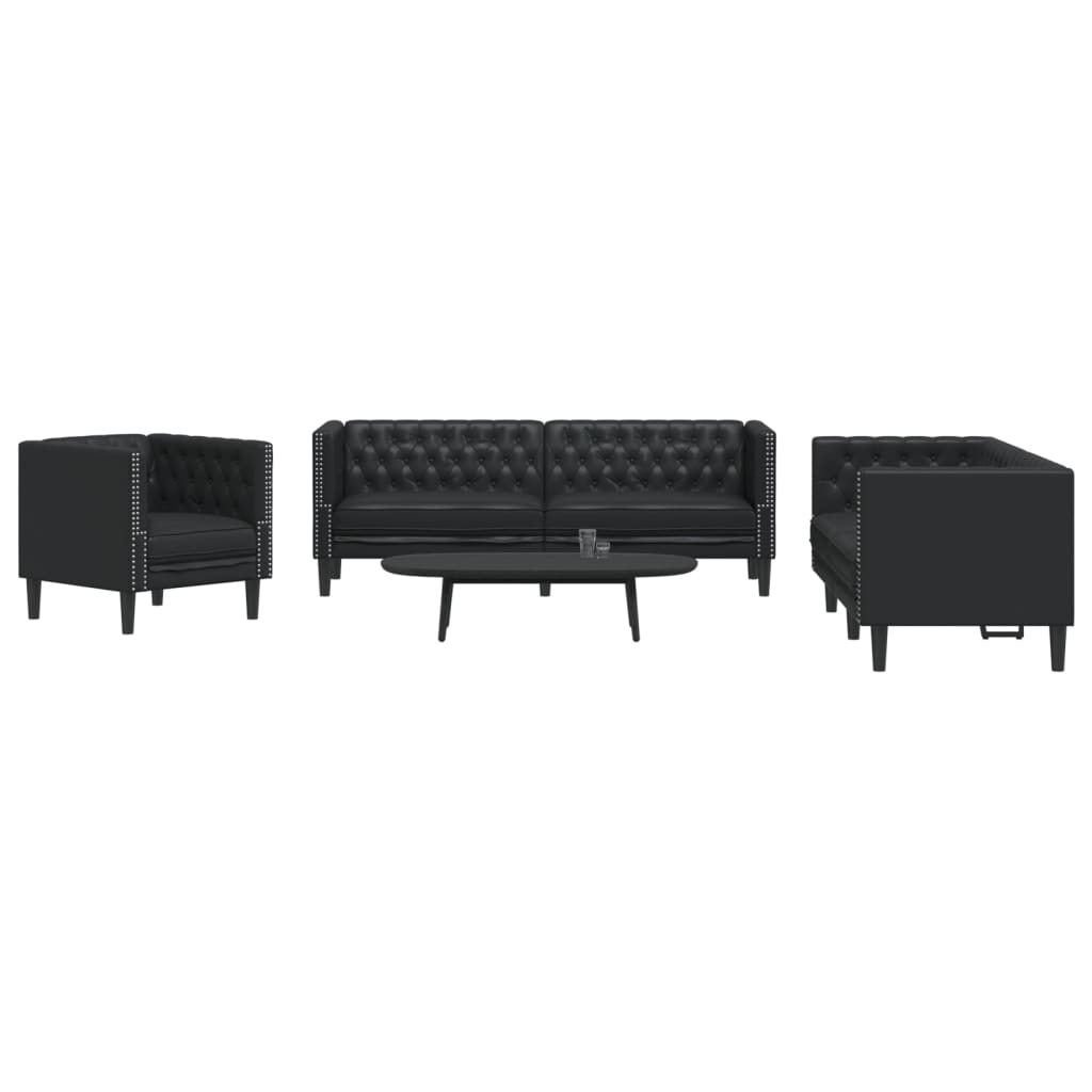 3 részes fekete műbőr Chesterfield kanapégarnitúra