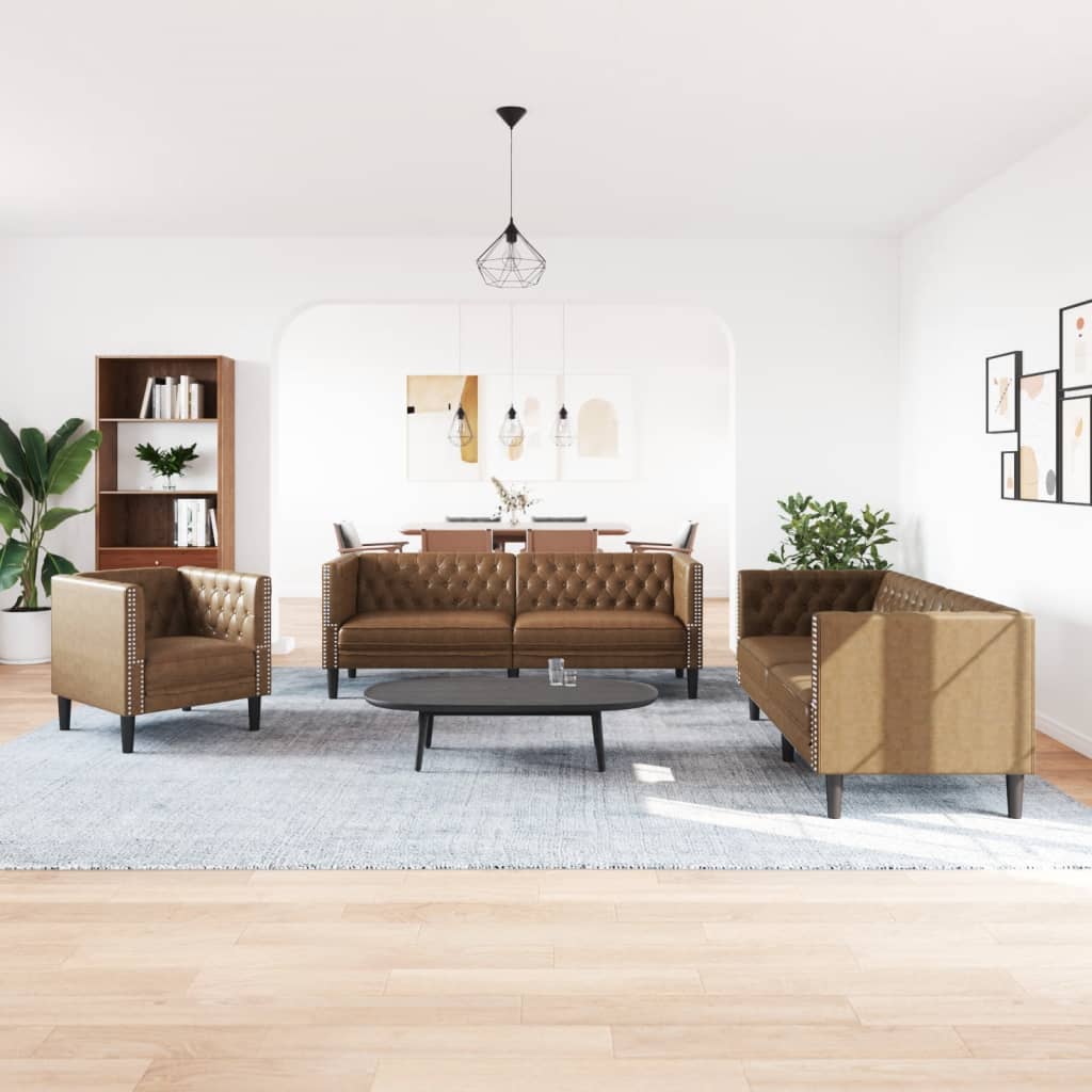 3 részes barna művelúr Chesterfield kanapégarnitúra 3