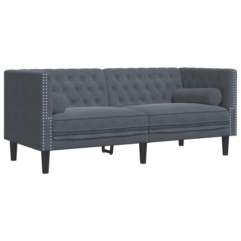 2 részes sötétszürke bársony Chesterfield kanapészett párnákkal 5