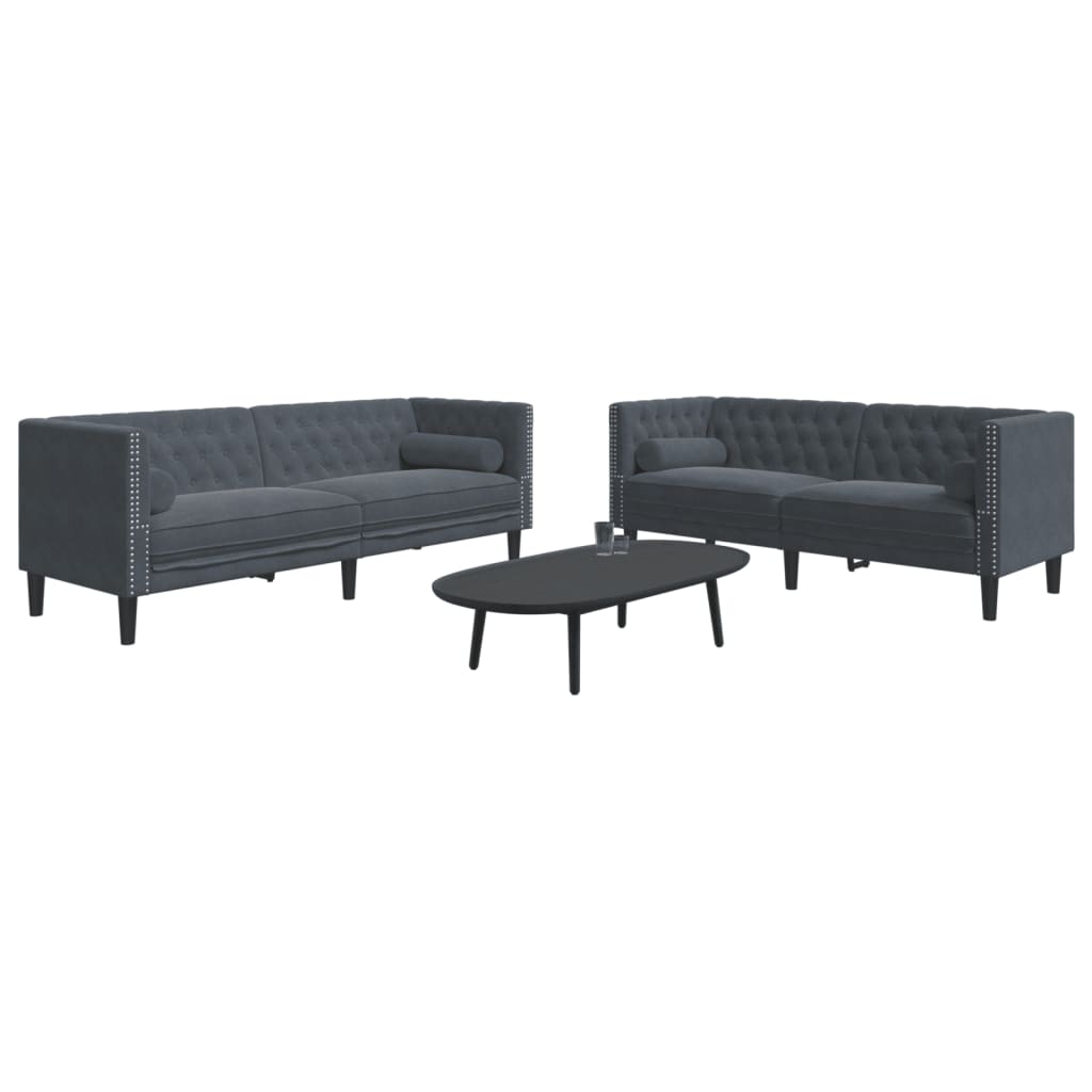 2 részes sötétszürke bársony Chesterfield kanapészett párnákkal