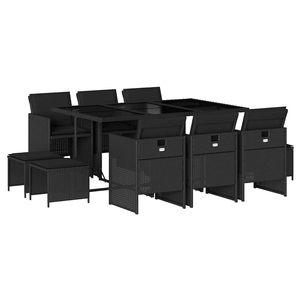 11 részes fekete polyrattan kerti étkezőgarnitúra párnákkal 2