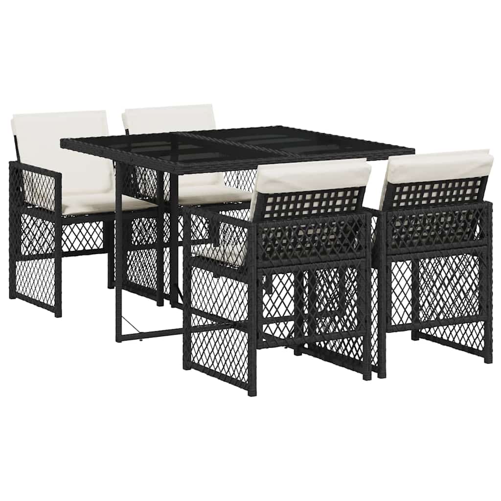 5 részes fekete polyrattan kerti étkezőgarnitúra párnákkal 2