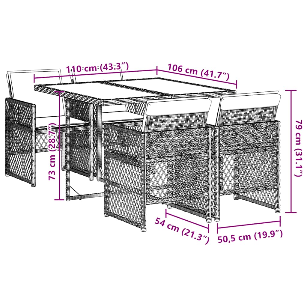 5 részes fekete polyrattan kerti étkezőgarnitúra párnákkal 9