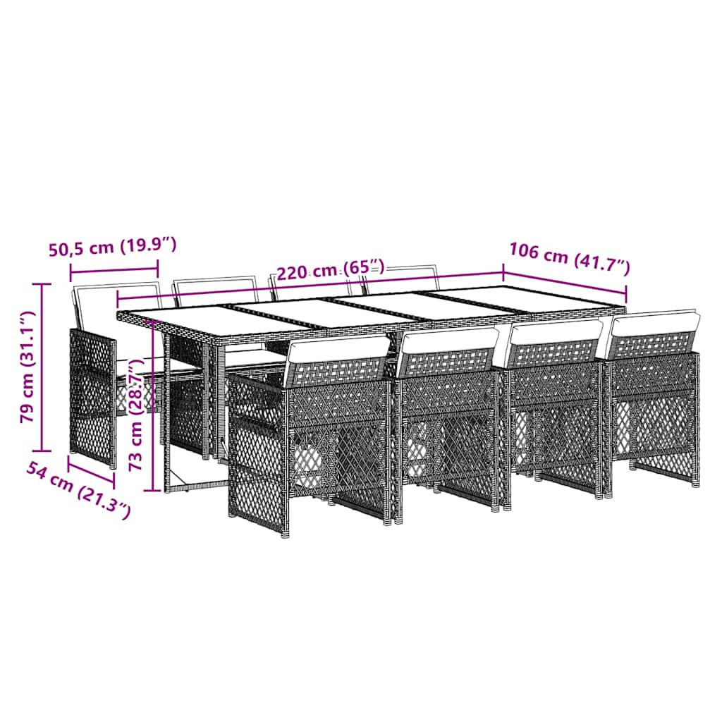 9 részes szürke polyrattan kerti étkezőgarnitúra párnával 9
