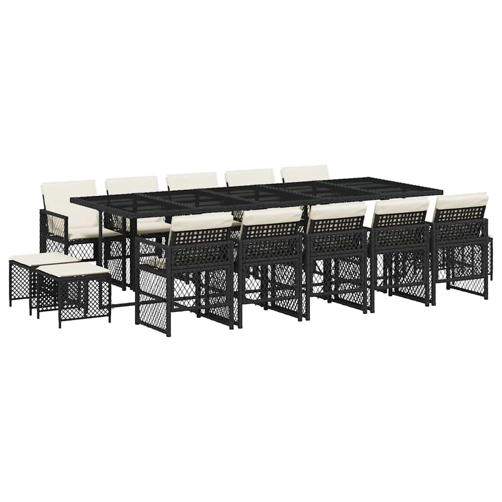 15 részes fekete polyrattan kerti étkezőgarnitúra párnákkal 2